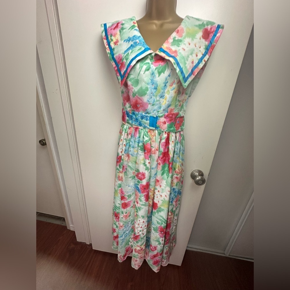 Howard Wolf Vintage 60’s? Blue Green Red Artsy Floral Sailor Collar Dress S?